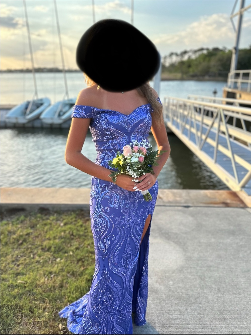 Gorgeous Off-Shoulder Beaded Evening Gown in Blueberry worn once looks brand new